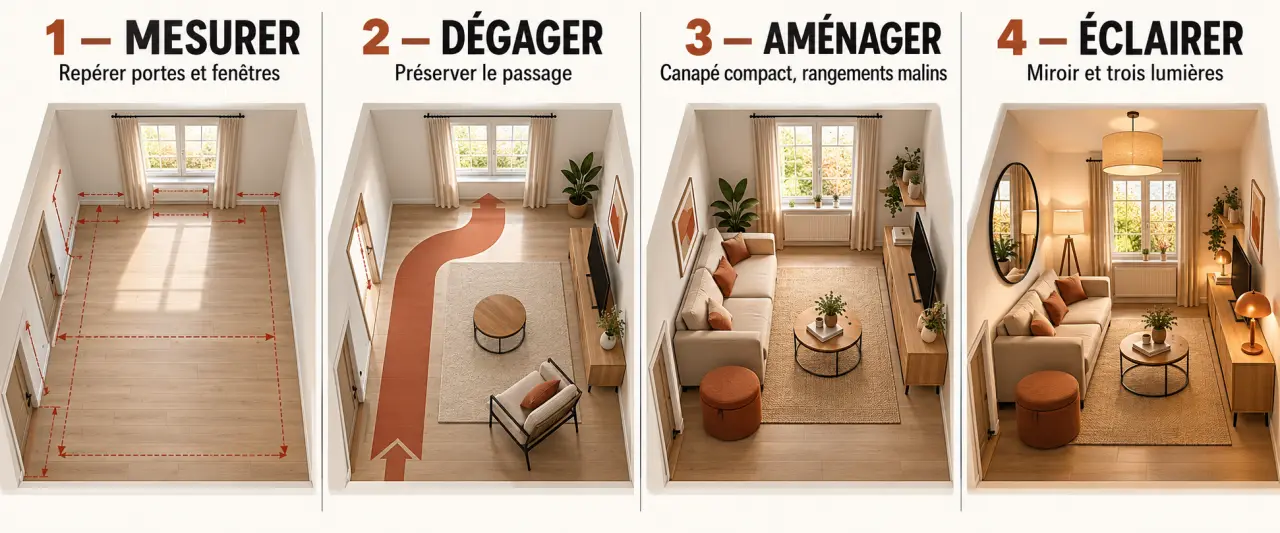 Illustration des étapes pour optimiser l'aménagement d'un petit salon moderne